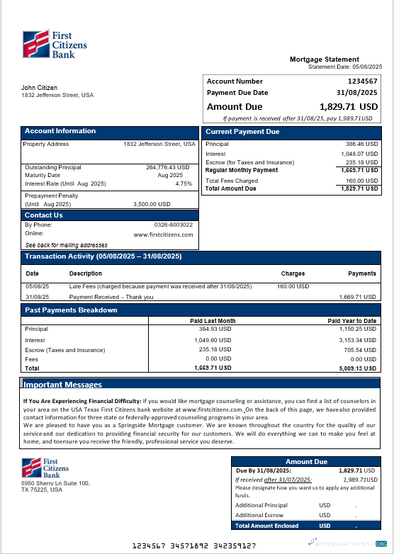 Download USA Texas First Citizens bank mortgage statement in Word and PDF formats Photoshop template